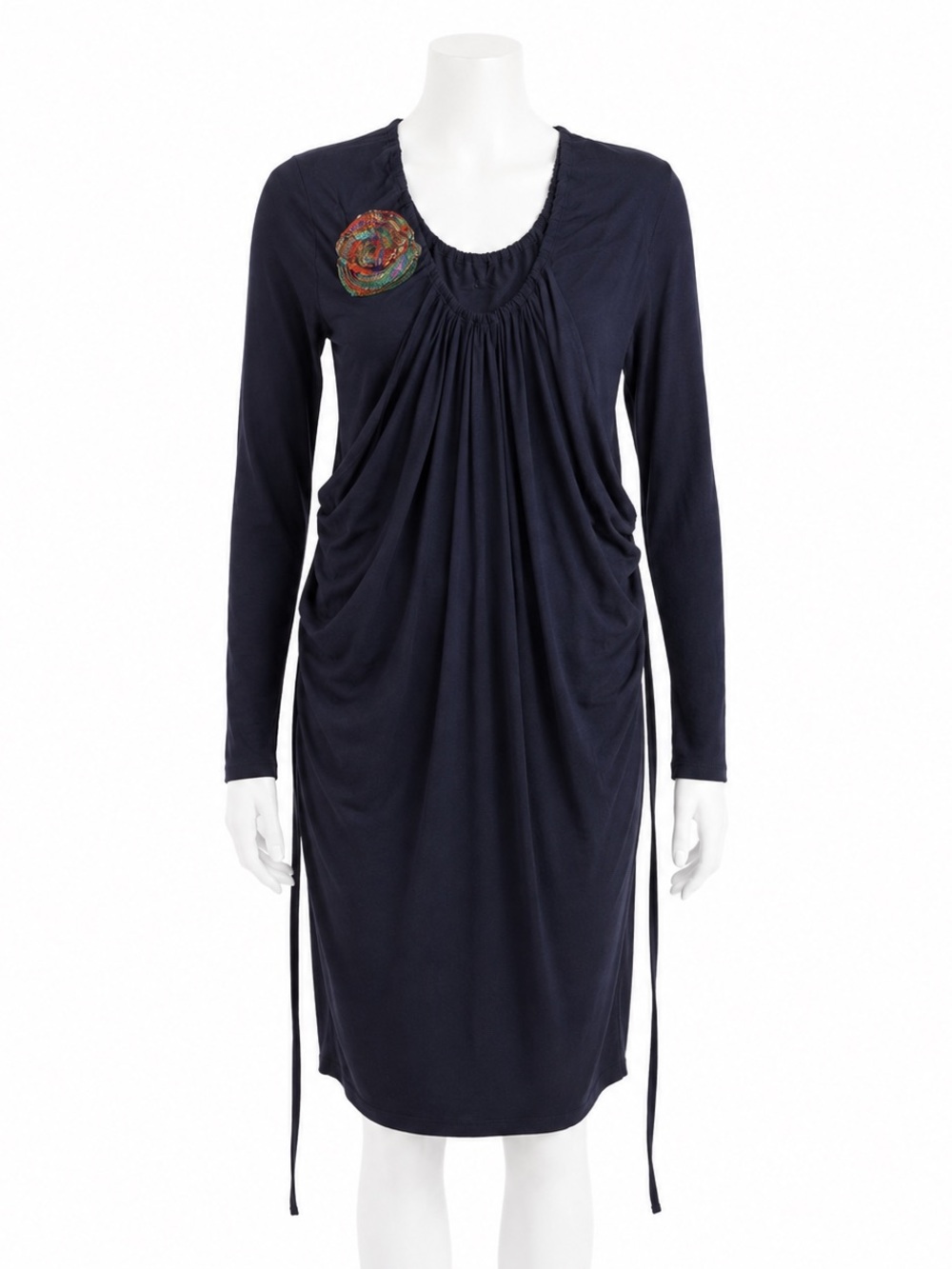 Vera Wang Navy Long-Sleeve Scoop Neck Ruched wool Dress with silk wrap tie